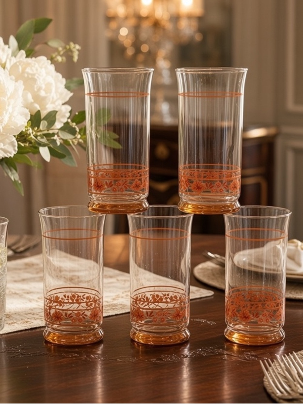 Vtg Libbey Glass Tumblers Pink Peach Floral Band - Set of 5